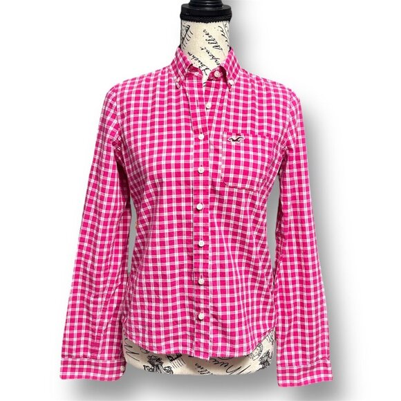 Hollister S Pink Plaid Button Up Shirt Fitted Cotton Long Sleeve Y2K Preppy Top - Picture 1 of 7